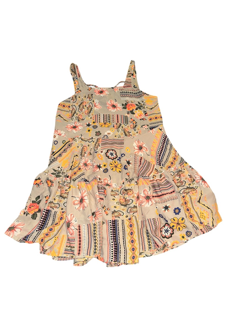 Striped Floral Tiered Mini Dress - Beige with Pink & Yellow